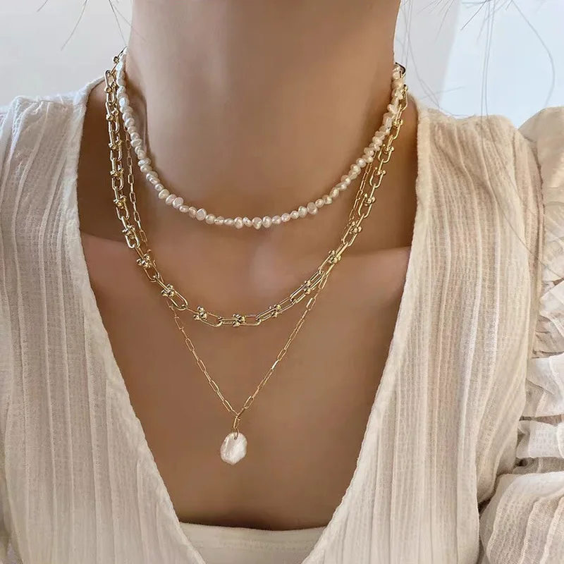Pearl Choker Necklace Vintage - French Retro Link Chain Natural Freshwater